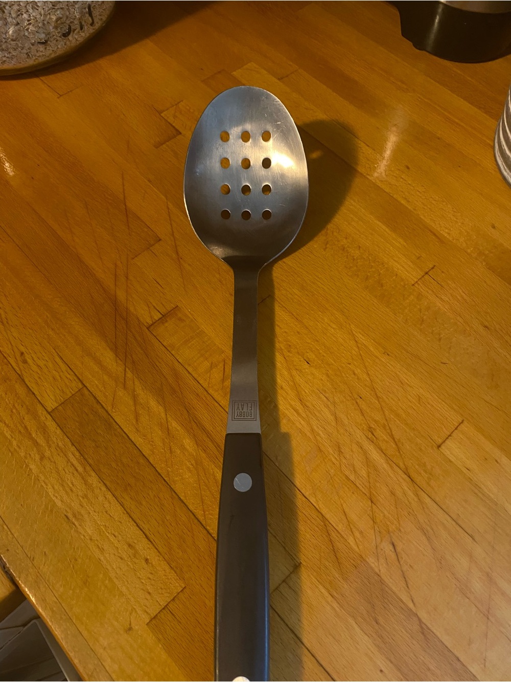 Large Vintage Bobby Flay-Stainless Steel Slotted Spoon with Black Handle
